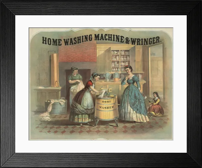 Framed Print : Depiction of a laundress using a washing machine as her employer watches, while in background another woman washes clothes in a simple wash tub