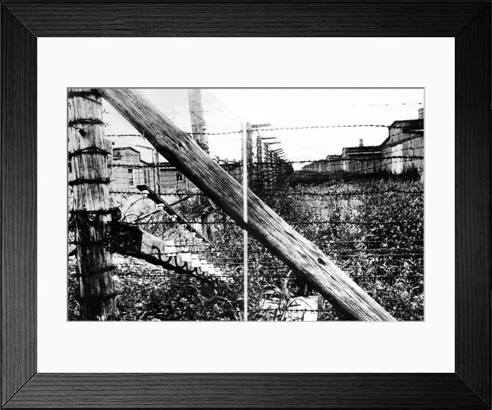Framed Print : Barbed wire surrounding the barracks at a concentration camp in Lublin, Poland, 1944. Courtesy: CSU Archives / Everett Collection