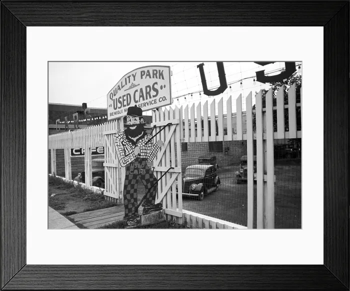 Framed Print : Paul Bunyan at used car lot, Bemidji, Minnesota, photograph by John Vachon, September, 1939