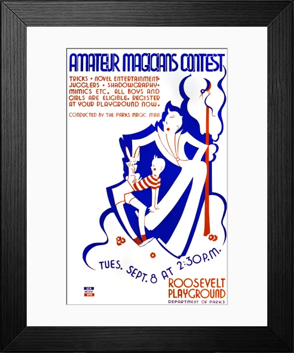 Framed Print : Poster announcing contest for amateur magicians at Roosevelt Playground, conducted by the Parks magic man, showing a magician performing a trick with a rabbit, and a boy Framed Print : Poster announcing contest for amateur magicians at Roosevelt Playground, conducted by the Parks magic man, showing a magician performing a trick with a rabbit, and a boy