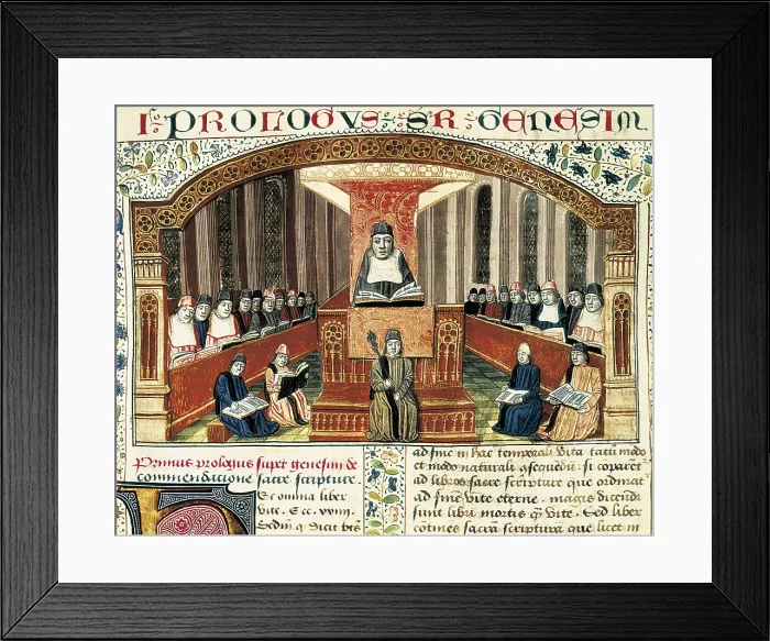 Framed Print : LYRE, NicolAs de (1270-1340). Theologian. Lesson in Theology at Sorbonne (15th c.). Illustration to text written by Nicolas de Lyre. Gothic art. Miniature Painting. FRANCE Framed Print : LYRE, NicolAs de (1270-1340). Theologian. Lesson in Theology at Sorbonne (15th c.). Illustration to text written by Nicolas de Lyre. Gothic art. Miniature Painting. FRANCE