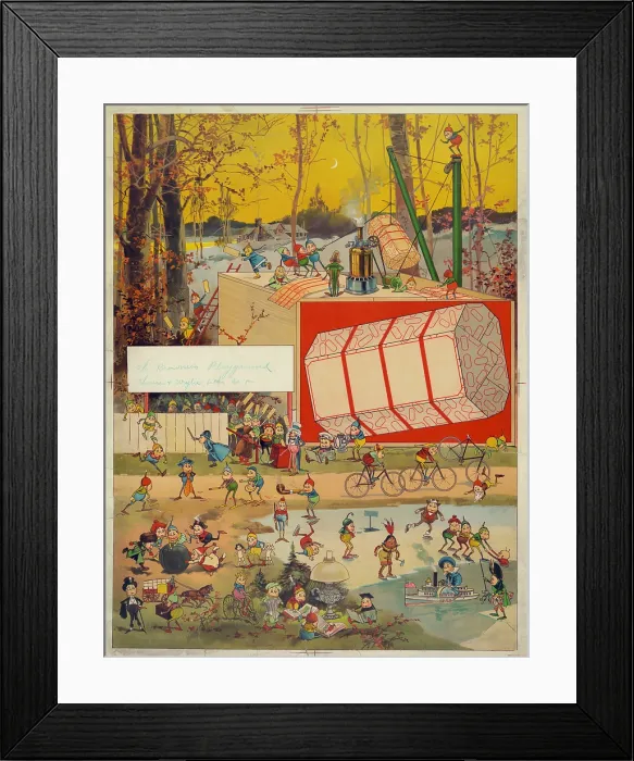 Framed Print : Printfeaturing caricatures playing, titled: The Brownie's Playground, print by Thomas & Wylie, June 11, 1896 Framed Print : Printfeaturing caricatures playing, titled: The Brownie's Playground, print by Thomas & Wylie, June 11, 1896