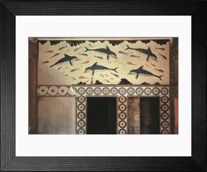 Framed Print : The Palace of Minos at Knossos. 2100 BC. GREECE. CRETE. IRAKLION. Knossos. Knossos Palace. Reproduction of frescoes of dolphins in the north wall of megaron or queen's room