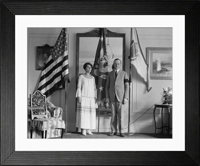 Framed Print : President Calvin Coolidge (1872-33), wearing a black mourning Armband, and his wife two days after the sudden death of President Warren Harding on Aug. 2, 1923 Framed Print : President Calvin Coolidge (1872-33), wearing a black mourning Armband, and his wife two days after the sudden death of President Warren Harding on Aug. 2, 1923