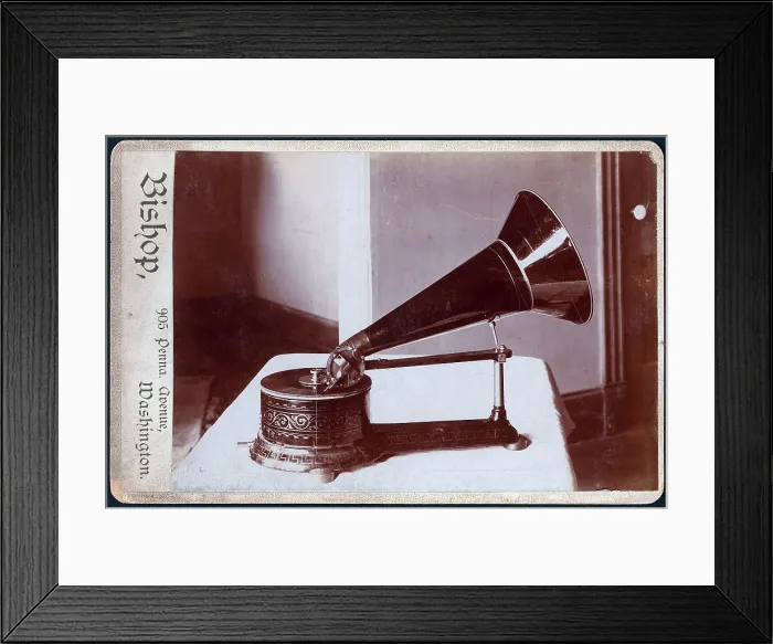 Framed Print : Gramophone with cylindrical base, circa 1890s Framed Print : Gramophone with cylindrical base, circa 1890s