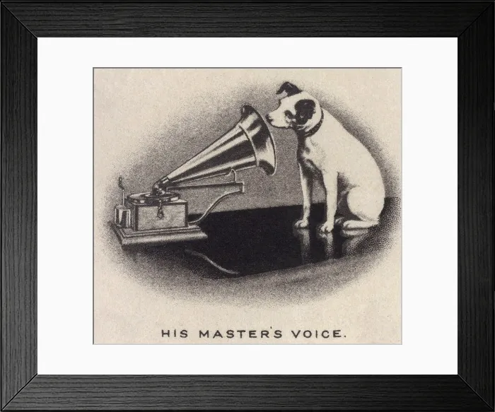 Framed Print : His Master's Voice, originally a trademark for Gramophone Records (in later years, for Victor, RCA, and HMV Records), Nipper Framed Print : His Master's Voice, originally a trademark for Gramophone Records (in later years, for Victor, RCA, and HMV Records), Nipper