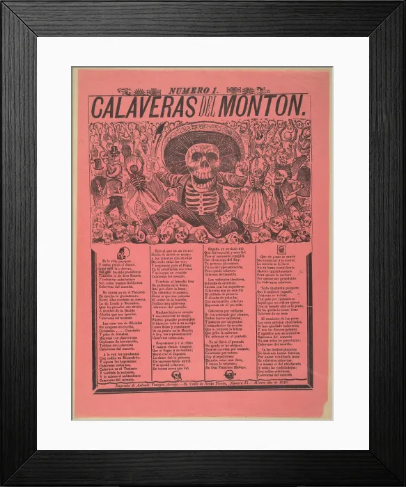 Framed Print : Calaveras del monton, numero 1, translation: Skulls from the heap, number 1, Broadside showing a male skeleton dressed in a charro outfit wielding a machete in a graveyard Framed Print : Calaveras del monton, numero 1, translation: Skulls from the heap, number 1, Broadside showing a male skeleton dressed in a charro outfit wielding a machete in a graveyard