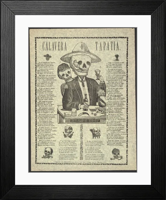 Framed Print : Calavera Tapatia, translation: Skulls From the State of Jalisco, broadside showing male skeleton having a drink of tequila and smoking a cigar, Mexico City, by Manuel Manilla