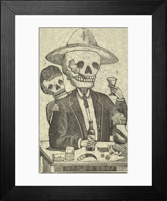 Framed Print : Detail from Calavera Tapatia, translation: Skulls From the State of Jalisco, broadside showing male skeleton having a drink of tequila and smoking a cigar, Mexico City Framed Print : Detail from Calavera Tapatia, translation: Skulls From the State of Jalisco, broadside showing male skeleton having a drink of tequila and smoking a cigar, Mexico City