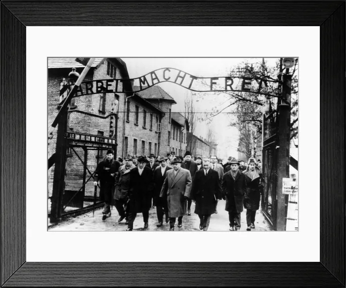 Framed Print : Members of the Frankfurt war crimes court leave the Auschwitz death camp Framed Print : Members of the Frankfurt war crimes court leave the Auschwitz death camp