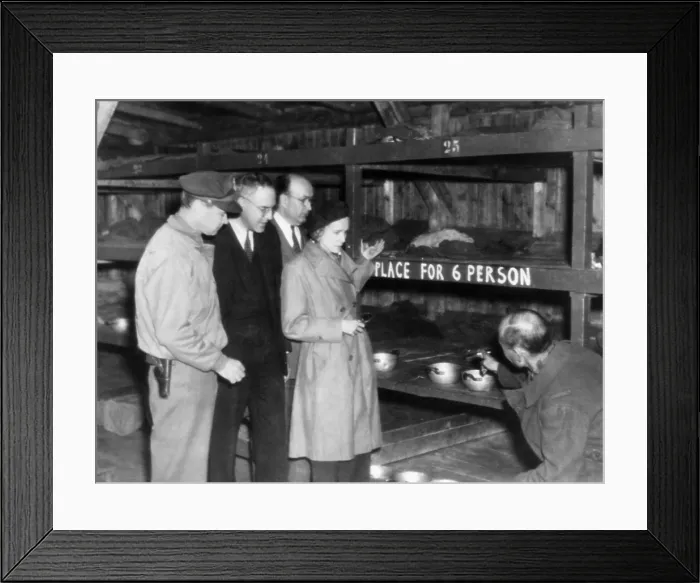 Framed Print : A concentration camp prisoner (right) shows Lieutenant General Hoyt Vandenburg, Congressmen John Kunkel and Leonard Hall Framed Print : A concentration camp prisoner (right) shows Lieutenant General Hoyt Vandenburg, Congressmen John Kunkel and Leonard Hall