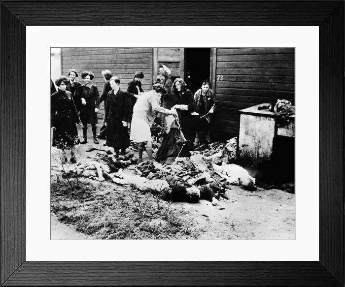 Framed Print : German women take clothes from the victims at Belsen concentration camp. Civilians were forced to view the atrocities after it was captured by the Allies, 1945