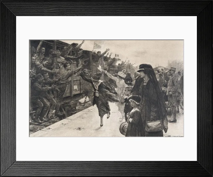 Framed Print : The first World war (1918). North American soldiers in a raillway station at Paris. Illustration by J. Simont. AISA / Everett Collection (102960)**US SALES ONLY** Framed Print : The first World war (1918). North American soldiers in a raillway station at Paris. Illustration by J. Simont. AISA / Everett Collection (102960)**US SALES ONLY**