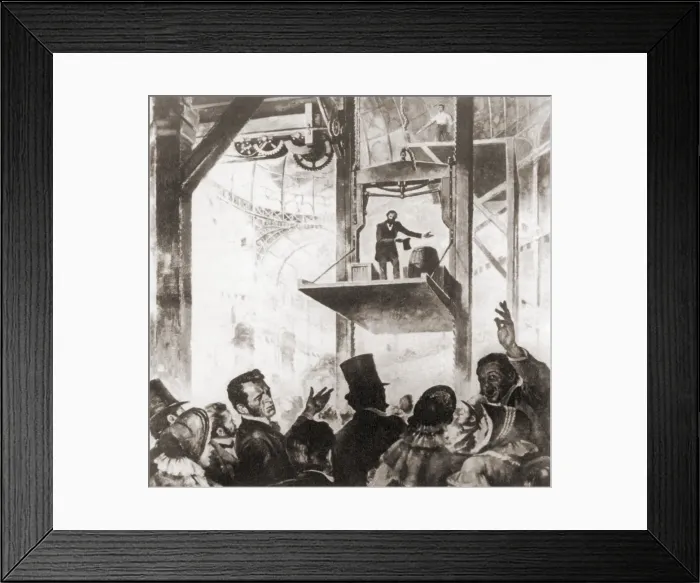 Framed Print : Elisha Graves Otis (1811-1861), demonstrating his patent safety lift at the 1854 New York World's Fair Framed Print : Elisha Graves Otis (1811-1861), demonstrating his patent safety lift at the 1854 New York World's Fair