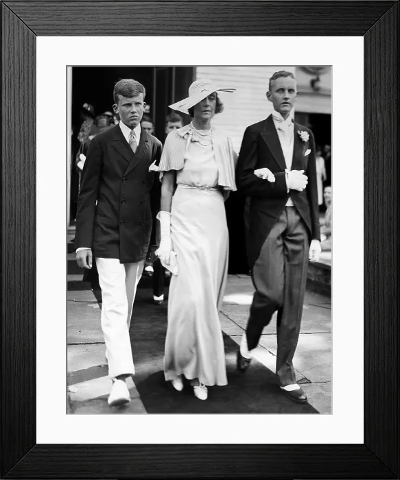 Framed Print : Madeleine Fiermonte (formerly Astor) with her two sons William Dick and John Dick at the wedding of her son John Jacob Astor VI, 1934. Courtesy: CSU Archives / Everett Collection