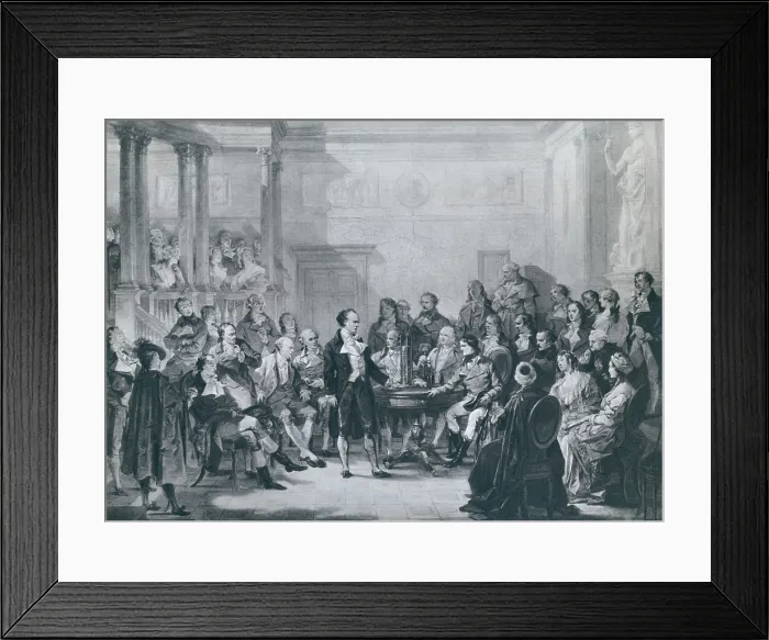 Framed Print : Alessandro Volta (1745-1827), demonstrating his electricity generating apparatus to Napoleon, for which Napoleon made him a count