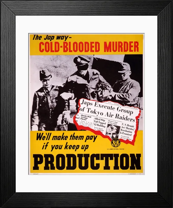 Framed Print : World War II, poster showing Two Japanese soldiers with a blindfolded, captured American pilot