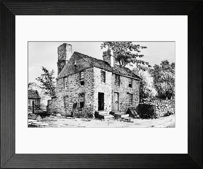 Framed Print : Governor Caleb Carr House. A house built by Rhode Island Governor Caleb Carr for his son. Conanicut Island, Jamestown, Rhode Island. 1686, drawing ca. 1882