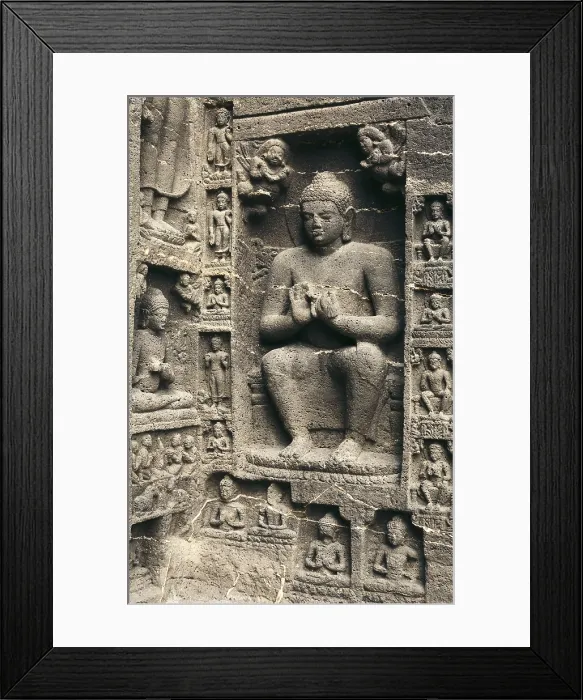 Framed Print : INDIA. Ajanta. Ajanta Caves. Cave No. 19. Chaitya-griha (Buddhist cave shrine) of 5th-6th c. A.D. Bas-relief representation of Buddha near the entrance. Hindu art. Gupta period