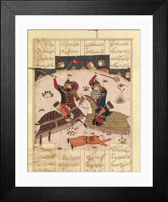 Framed Print : Shahnameh. The Book of Kings. 16th c. Bahram Chubina's night attack on the camp of Khusrau Parviz. Circa 1420 (Timurid Dinasty). Shiraz school. Islamic art. ; Persian art Framed Print : Shahnameh. The Book of Kings. 16th c. Bahram Chubina's night attack on the camp of Khusrau Parviz. Circa 1420 (Timurid Dinasty). Shiraz school. Islamic art. ; Persian art