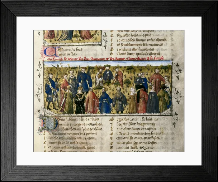 Framed Print : The Romance of the Rose. s.XIV. Court dance with musicians playing. Appear: the God of Love, Beauty, Liberation, Frankness, Courtesy and Youth. Gothic art. Miniature Painting