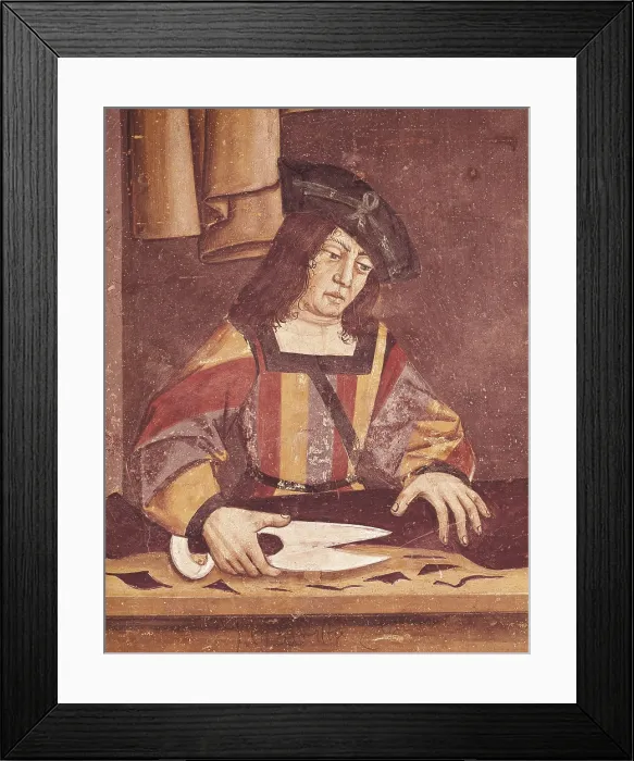 Framed Print : Cloth Merchant Cutting Cloth. 15th C. Detail. Gothic art. Fresco. ITALY. Issogne. Issogne Castle. AISA / Everett Collection (53465)**US SALES ONLY**