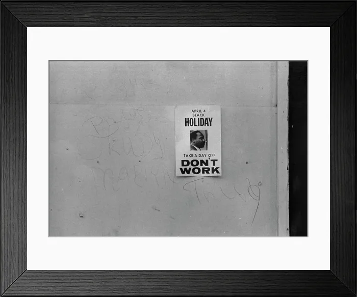 Framed Print : Sign promoting a holiday to honor the anniversary of the assassination of Martin Luther King, Jr. on a shop on H Street, reads: Don't work, Washington DC Framed Print : Sign promoting a holiday to honor the anniversary of the assassination of Martin Luther King, Jr. on a shop on H Street, reads: Don't work, Washington DC