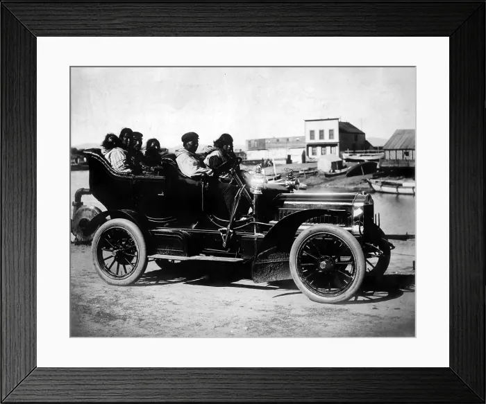 Framed Print : Cars. Eskimos, five adults and one infant, sitting in an automobile, Oct 5, 1906