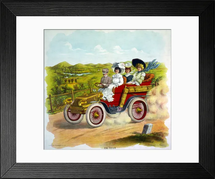 Framed Print : Cars. En tour, illustration of three women and a man riding in touring car in the country, colorlithograph ca. 1904 Framed Print : Cars. En tour, illustration of three women and a man riding in touring car in the country, colorlithograph ca. 1904
