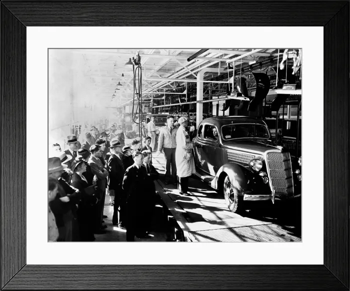 Framed Print : Cars. Ford Motor Company Long Beach Assembly Plant, Los Angeles, CA. Finished cars at the end of the assembly line, Apr 24, 1936