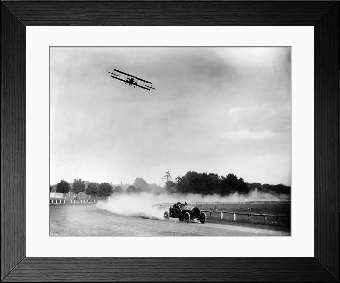 Framed Print : Cars. Race between Lincoln Beechey in airplane and Barney Oldfield in automobile, going around race track, June, 28 1912