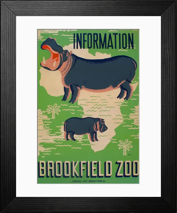 Framed Print : Poster for the Brookfield Zoo, showing hippopotamuses superimposed over outline of Africa, print by Mildred Waltrip, 1936-1938 Framed Print : Poster for the Brookfield Zoo, showing hippopotamuses superimposed over outline of Africa, print by Mildred Waltrip, 1936-1938