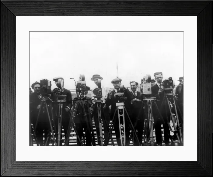 Framed Print : Newsreel cameramen with cameras at the Dempsey-Carpentier boxing match at Boyle's Thirty Acres, Jersey City, New Jersey, 1921