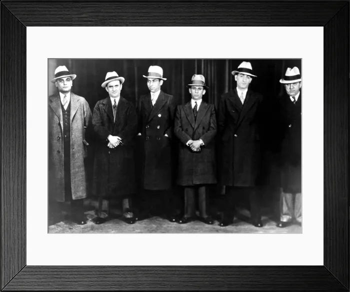 Framed Print : Mobsters (Left to right): Paul Ricca, Salvatore Agoglia, Lucky Luciano, Meyer Lansky, John Senna, Harry Brown in 1932.. Courtesy: CSU Archives  /  Everett Collection