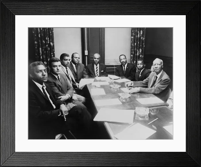 Framed Print : 1964 Civil Rights summit: (L to R) Bayard Rustin; Jack Greenberg, NAACP; Whitney Young, Jr. National Urban League; James Farmer, CORE; Roy Wilkins, NAACP; Martin Luther King