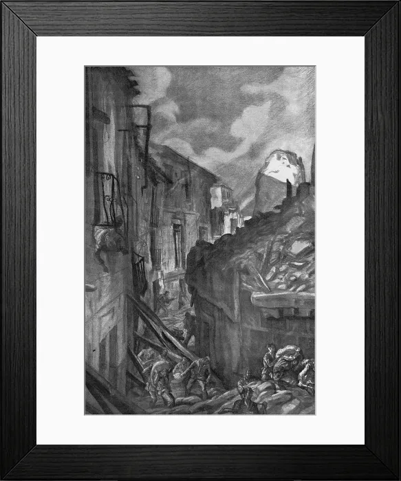 Framed Print : Spanish Civil War (1936-1939). Battle of Ebro. Occupation of a village by scouting parties of the nationalist army. Picture by Carlos Senz de Tejada. Drawing