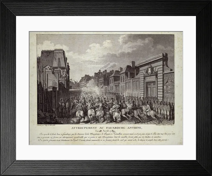 Framed Print : Paris (April 24th1789). The cavalry charges against the workers of the paper factory Rveillon in Faubourg Saint Antoine. Etching. FRANCE. Paris