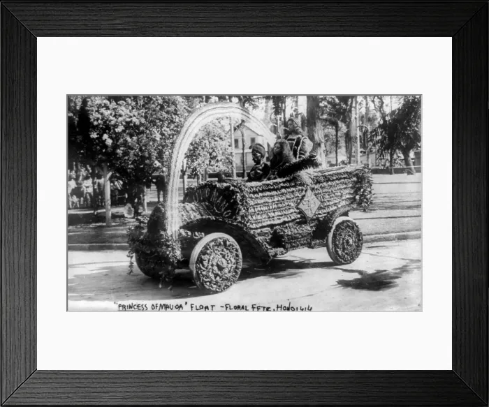 Framed Print : Three Hawaiians in car used as a float in flower festival parade, Princess of Mauoa float, floral fete, Honolulu, photograph, March 18, 1909