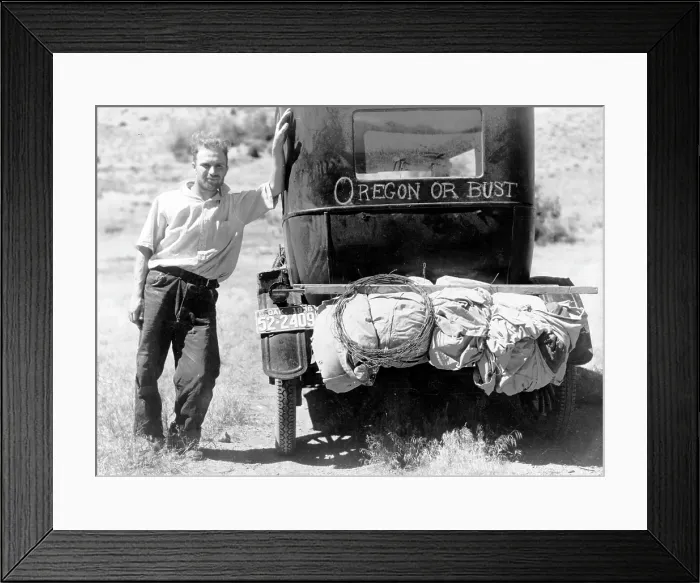 Framed Print : The Depression. Vernon Evans (with his family) and his Model T Ford, near Missoula, Montana on Highway 10