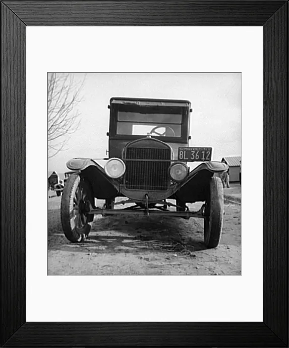 Framed Print : The Depression. In Farm Security Administration migratory labor camp at Farmersville, California. Model T Fords still carry migrants. Dorothea Lange photographer, Feb 1939