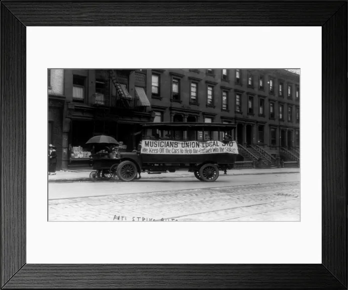 Framed Print : New York City, anti-strike auto, Musicians union van used to boycott New York street cars, photograph, September 23, 1916