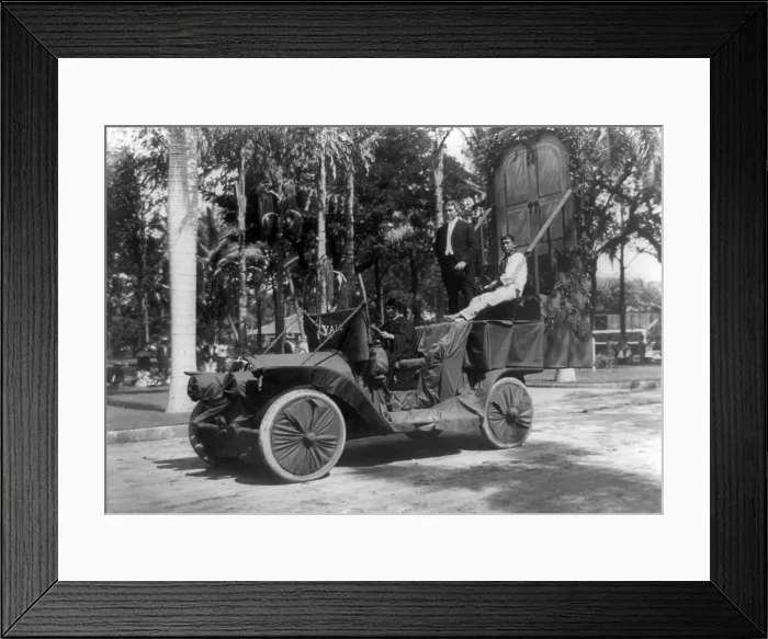 Framed Print : Three men, one dressed in cap and gown, on car with Yale University pennant used as float in a Hawaiian festival, title: Ubediah seeking knowledge on steps of Old Eli Framed Print : Three men, one dressed in cap and gown, on car with Yale University pennant used as float in a Hawaiian festival, title: Ubediah seeking knowledge on steps of Old Eli
