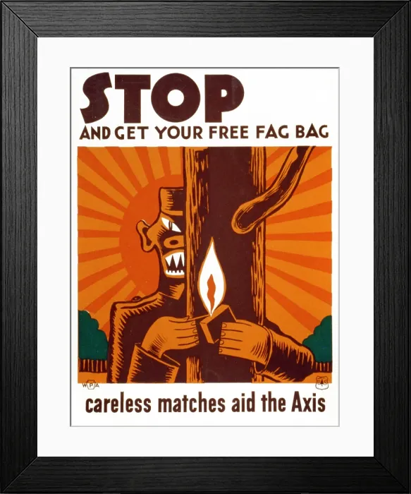 Framed Print : World War II, Poster encouraging use of fag bag for disposal of matches, showing stylized Japanese soldier standing behind a tree with a match Framed Print : World War II, Poster encouraging use of fag bag for disposal of matches, showing stylized Japanese soldier standing behind a tree with a match