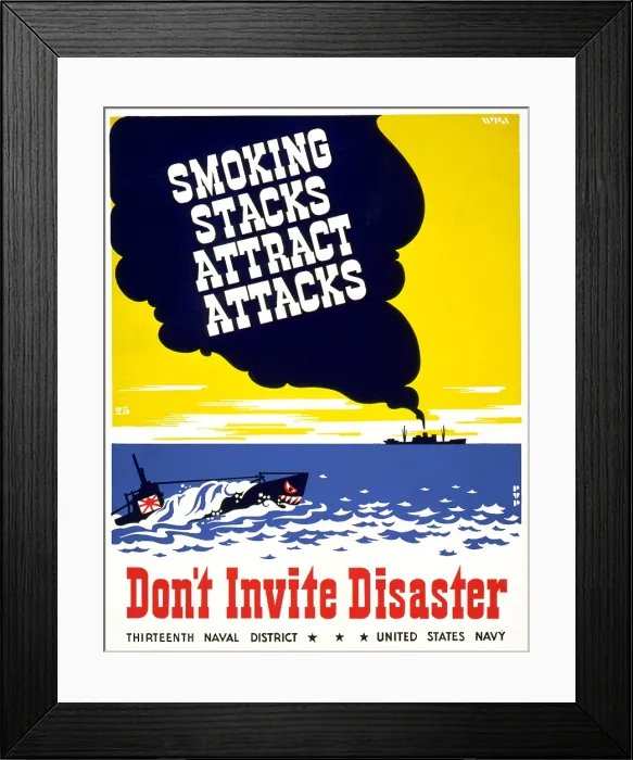 Framed Print : World War II, Poster for Thirteenth Naval District, United States Navy, showing smoke coming from smokestack of ship, Japanese submarine in foreground Framed Print : World War II, Poster for Thirteenth Naval District, United States Navy, showing smoke coming from smokestack of ship, Japanese submarine in foreground