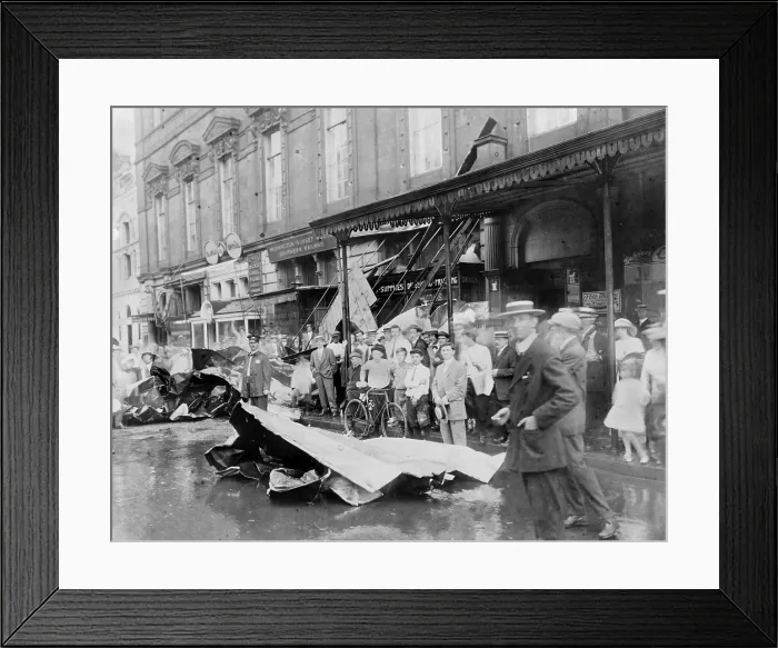 Framed Print : Masonic Hall, crowd looking at large pieces of debris on street, after a cyclone, F Street at 9th Street, now 901 F Street, Washington, DC, photograph July 13, 1913 Framed Print : Masonic Hall, crowd looking at large pieces of debris on street, after a cyclone, F Street at 9th Street, now 901 F Street, Washington, DC, photograph July 13, 1913