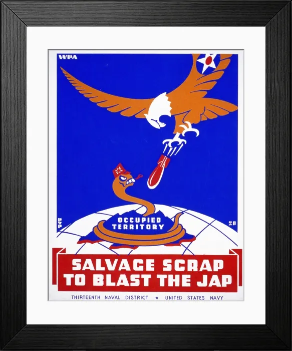 Framed Print : World War II, Poster for Thirteenth Naval District, United States Navy, showing a snake representing Japan being bombed by an eagle