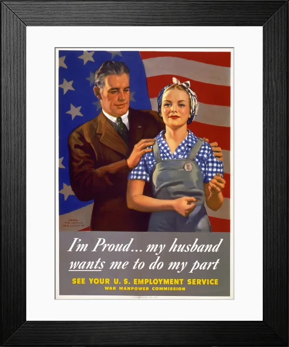 Framed Print : World War II, Poster showing a husband in suit, and wife in working clothes, standing in front a of United States flag, poster reads: I'm proud