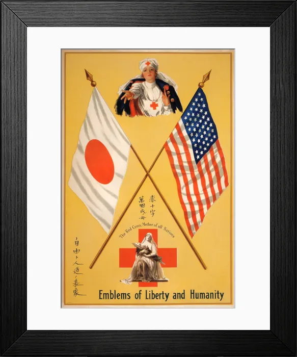 Framed Print : World War I, Poster showing two Red Cross nurses, one cradling in her arms a child on a litter, between the flags of Japan and the United States