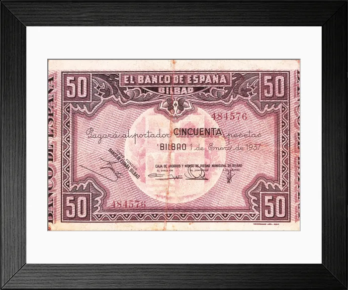 Framed Print : 50 pesetas bill issued in Bilbao on 1st January 1937when the city still was on the repuclican zone. AISA / Everett Collection (39576)**US SALES ONLY** Framed Print : 50 pesetas bill issued in Bilbao on 1st January 1937when the city still was on the repuclican zone. AISA / Everett Collection (39576)**US SALES ONLY**