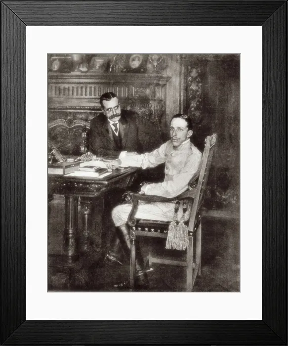 Framed Print : Spain (1910). Kinf Alfonso XIII (sitting) and Prime Minister Jos Canalejas (1910). Image published in the French magazine 'L'Illustration' Framed Print : Spain (1910). Kinf Alfonso XIII (sitting) and Prime Minister Jos Canalejas (1910). Image published in the French magazine 'L'Illustration'